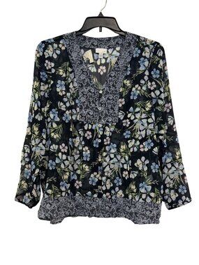 J. Jill Womens Floral Sheer Button-Front Blouse With Lace Trim Size L NWT